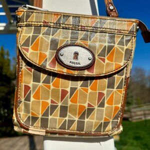 VTG Fossil Key Per Purse Crossbody Shoulder Bag Retro Multi-colored Orange Tan C